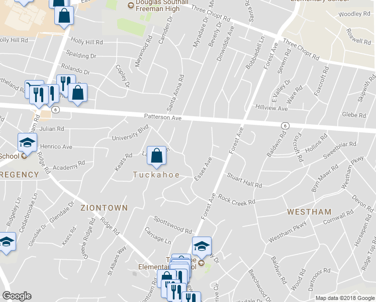 map of restaurants, bars, coffee shops, grocery stores, and more near 9204 University Boulevard in Henrico