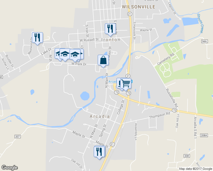 map of restaurants, bars, coffee shops, grocery stores, and more near 225 Main Street in Arcadia