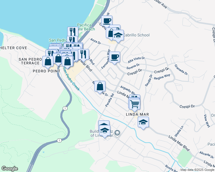 map of restaurants, bars, coffee shops, grocery stores, and more near 751 Linda Mar Boulevard in Pacifica