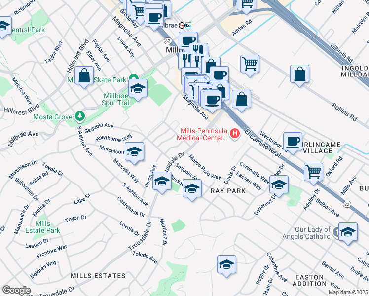 map of restaurants, bars, coffee shops, grocery stores, and more near 1875 Trousdale Drive in Burlingame