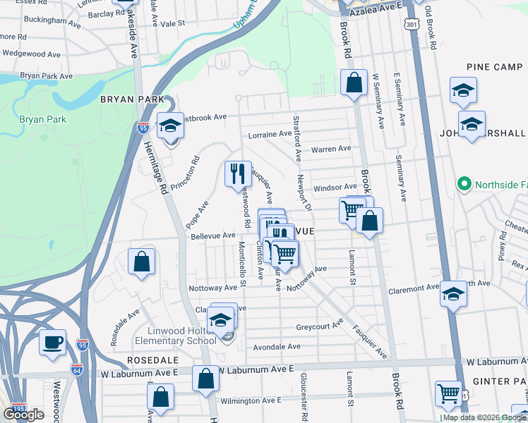 map of restaurants, bars, coffee shops, grocery stores, and more near 4300 Fauquier Avenue in Richmond