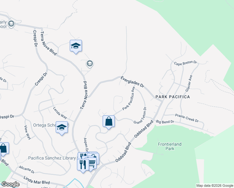 map of restaurants, bars, coffee shops, grocery stores, and more near 63 Kathleen Court in Pacifica