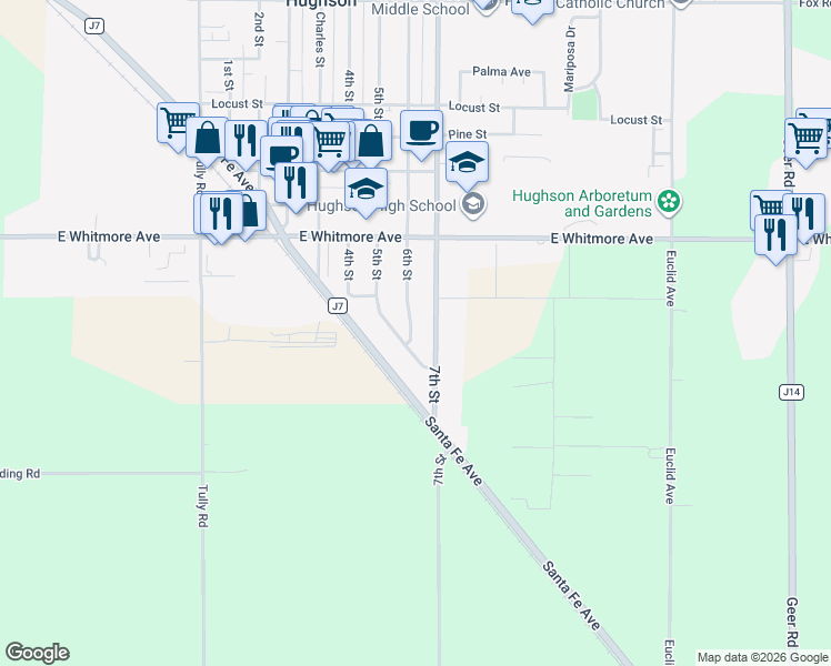 map of restaurants, bars, coffee shops, grocery stores, and more near 2808 6th Street in Hughson
