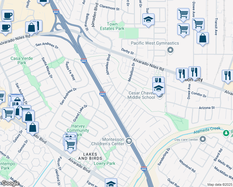map of restaurants, bars, coffee shops, grocery stores, and more near 123 Madrone Way in Union City