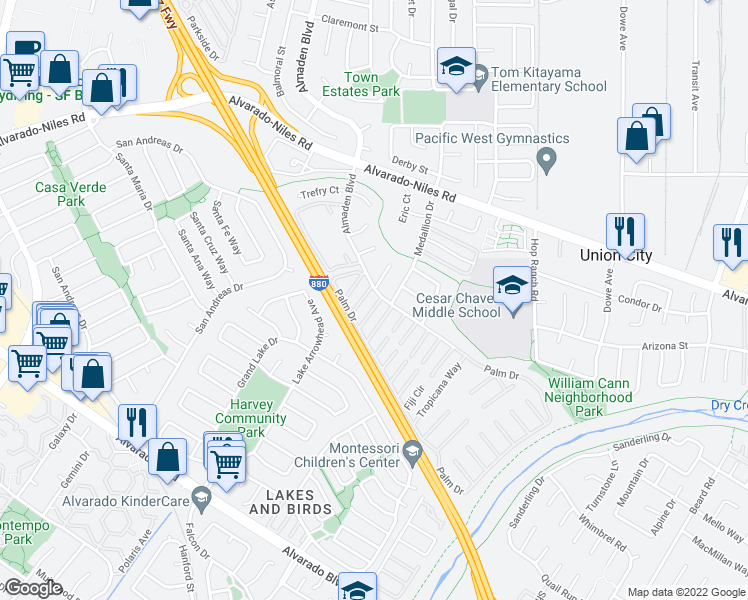 map of restaurants, bars, coffee shops, grocery stores, and more near 123 Madrone Way in Union City
