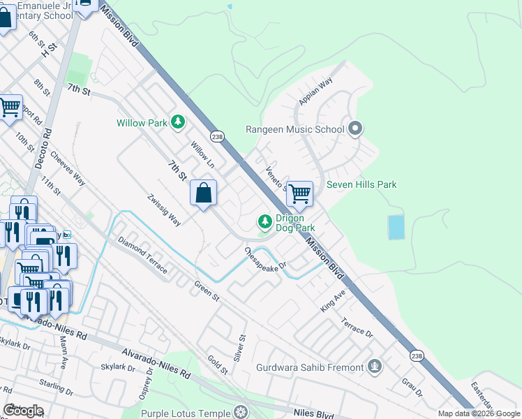 map of restaurants, bars, coffee shops, grocery stores, and more near 108 Toyon Lane in Union City