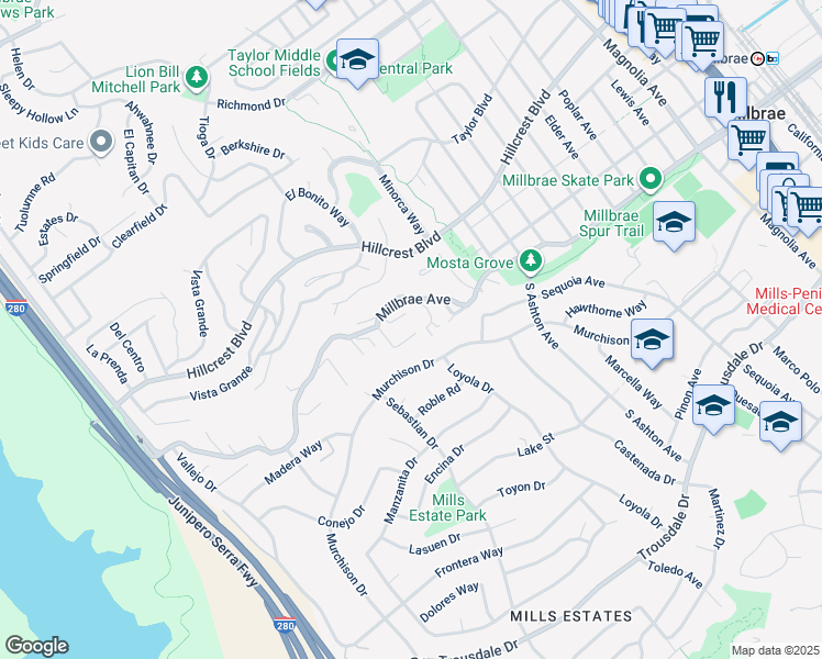 map of restaurants, bars, coffee shops, grocery stores, and more near 60 Loree Lane in Millbrae
