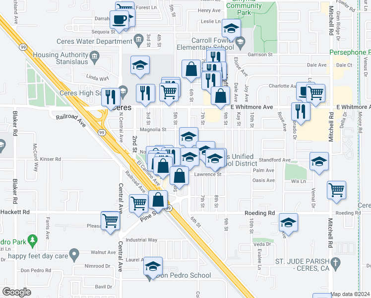 map of restaurants, bars, coffee shops, grocery stores, and more near 2761 6th Street in Ceres