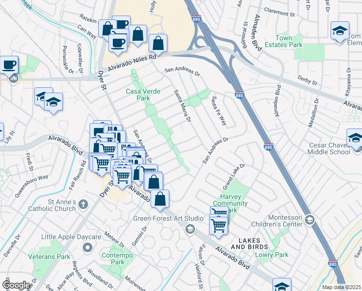 map of restaurants, bars, coffee shops, grocery stores, and more near 3072 San Mateo Way in Union City