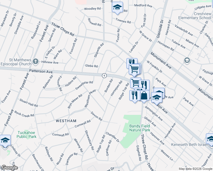 map of restaurants, bars, coffee shops, grocery stores, and more near 1012 Horsepen Road in Richmond