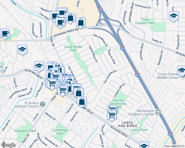map of restaurants, bars, coffee shops, grocery stores, and more near 3072 San Mateo Way in Union City