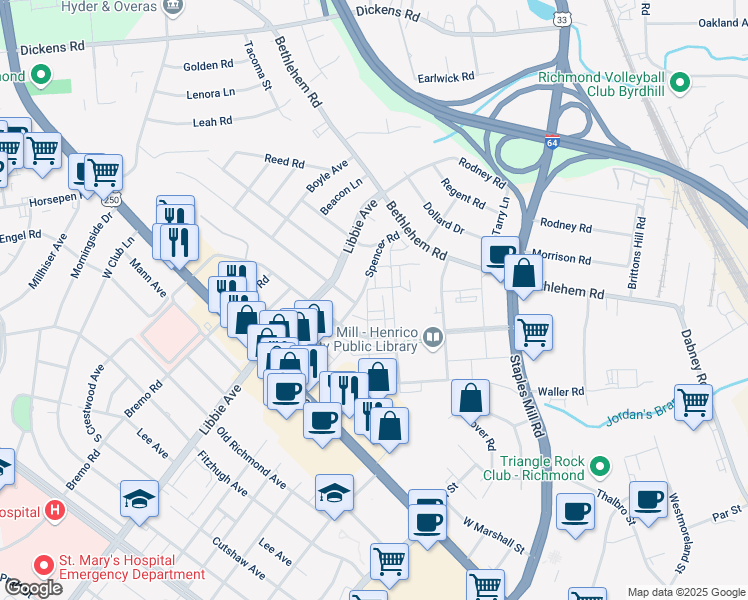 map of restaurants, bars, coffee shops, grocery stores, and more near 5525 Coopers Walk Lane in Richmond