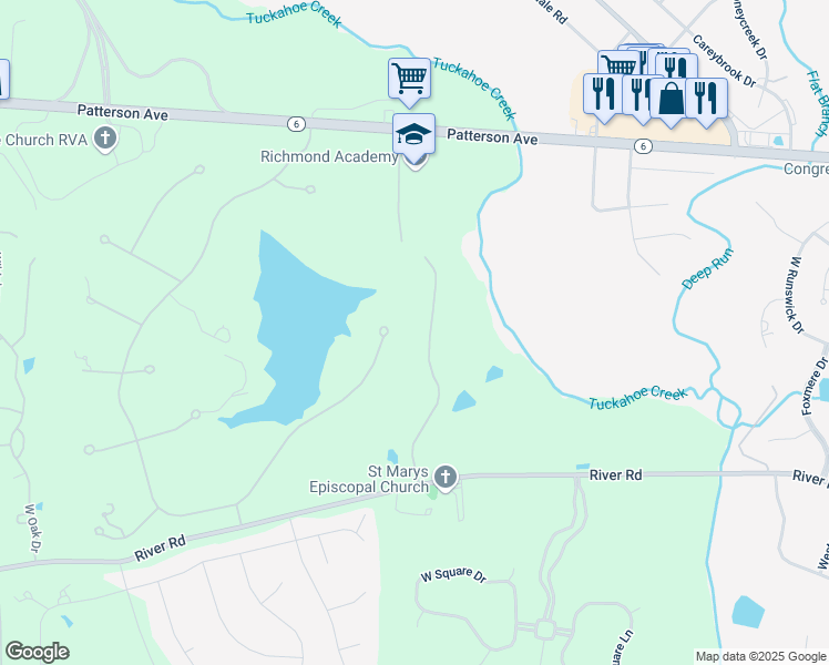 map of restaurants, bars, coffee shops, grocery stores, and more near 315 Wickham Glen Drive in Richmond