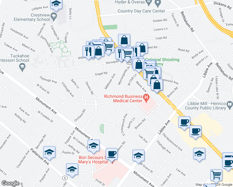 map of restaurants, bars, coffee shops, grocery stores, and more near 6415 Morningside Drive in Richmond