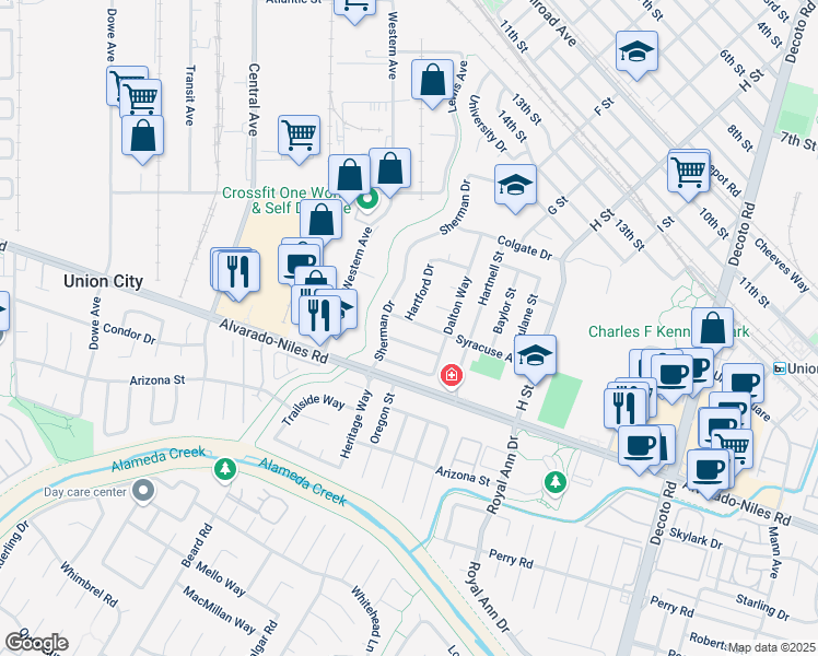 map of restaurants, bars, coffee shops, grocery stores, and more near 33773 Syracuse Avenue in Union City