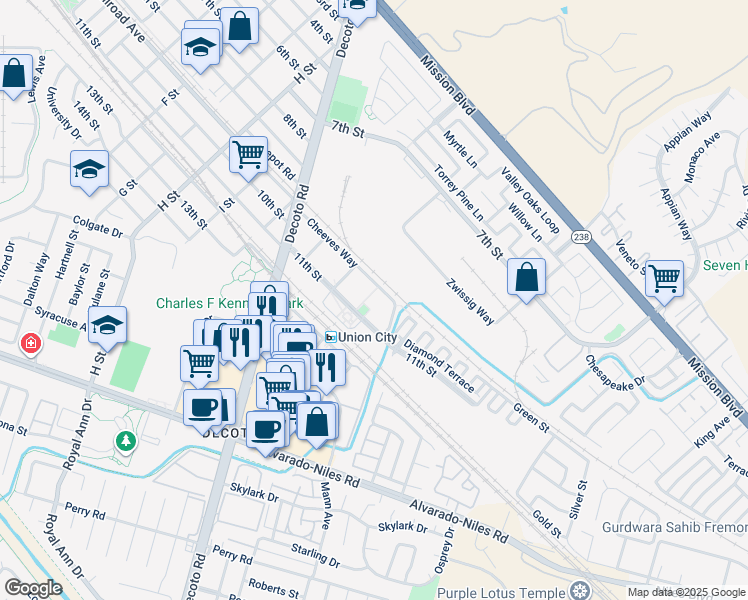 map of restaurants, bars, coffee shops, grocery stores, and more near 34910 11th Street in Union City
