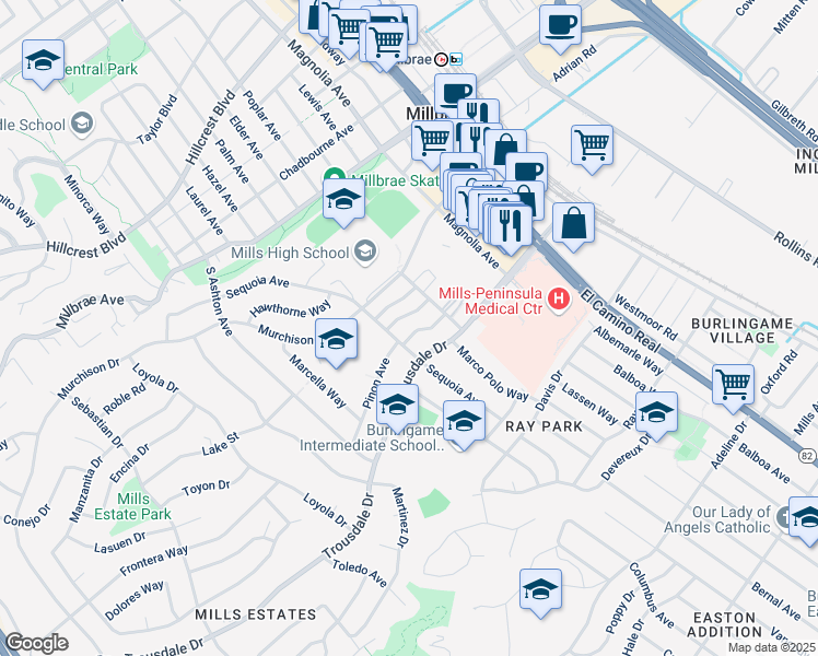 map of restaurants, bars, coffee shops, grocery stores, and more near 2018 Trousdale Drive in Burlingame