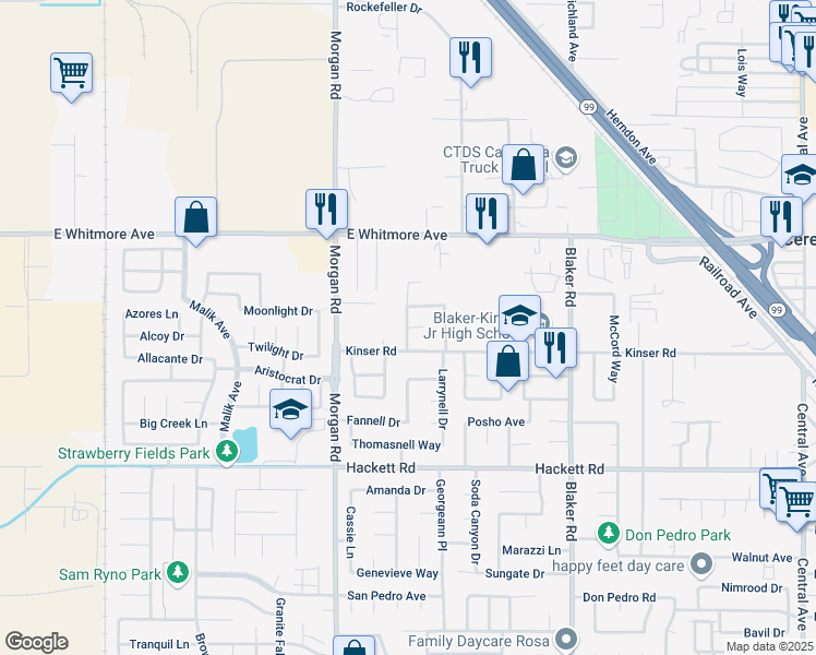 map of restaurants, bars, coffee shops, grocery stores, and more near 769 Lake Tahoe Court in Ceres