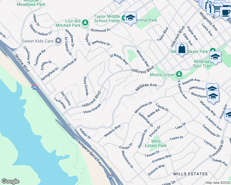 map of restaurants, bars, coffee shops, grocery stores, and more near 43 Aura Vista in Millbrae