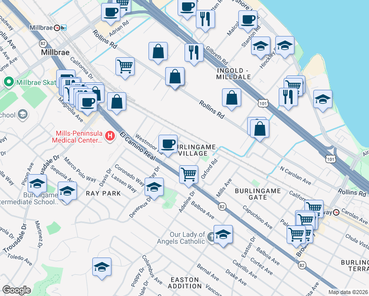 map of restaurants, bars, coffee shops, grocery stores, and more near 1549 Eastmoor Road in Burlingame