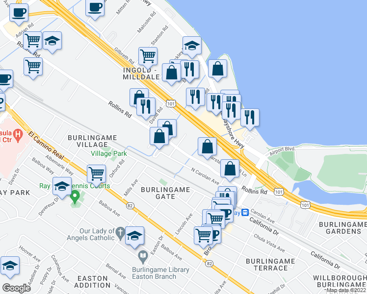map of restaurants, bars, coffee shops, grocery stores, and more near 1003 Edwards Road in Burlingame