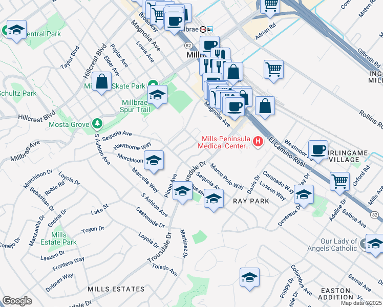 map of restaurants, bars, coffee shops, grocery stores, and more near 2018 Trousdale Drive in Burlingame