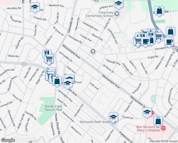map of restaurants, bars, coffee shops, grocery stores, and more near 6707 West Franklin Street in Richmond