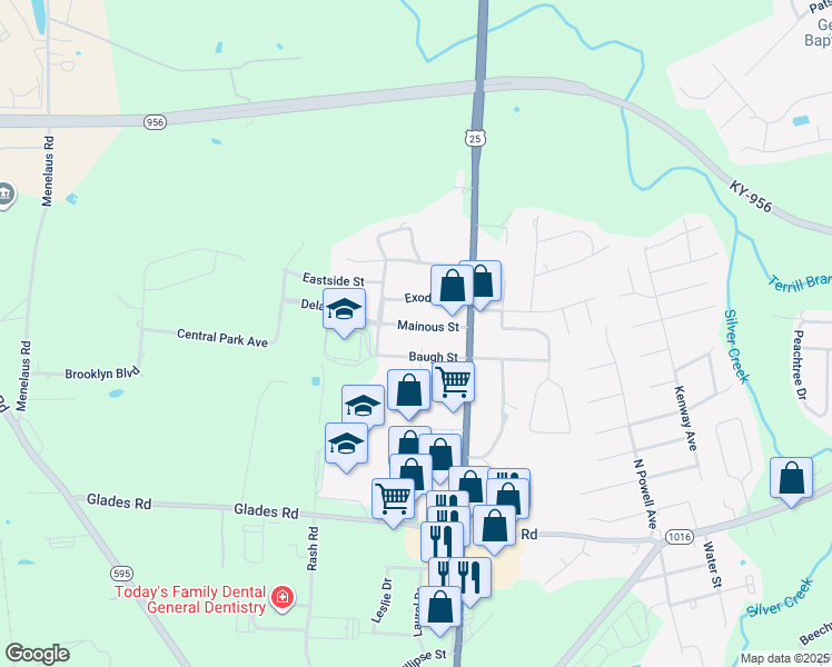 map of restaurants, bars, coffee shops, grocery stores, and more near 114 Baugh Street in Berea