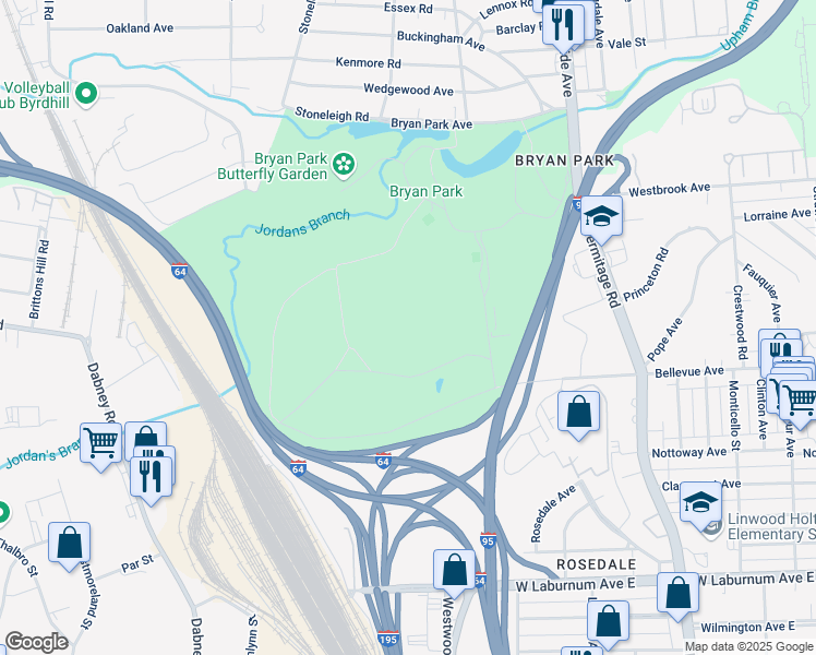 map of restaurants, bars, coffee shops, grocery stores, and more near 4308 Hermitage Road in Richmond