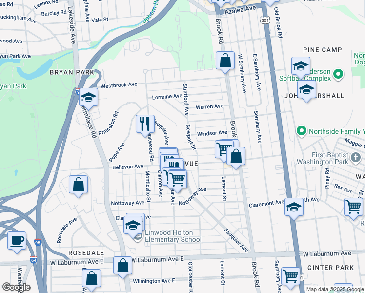 map of restaurants, bars, coffee shops, grocery stores, and more near 1408 Stanhope Avenue in Richmond