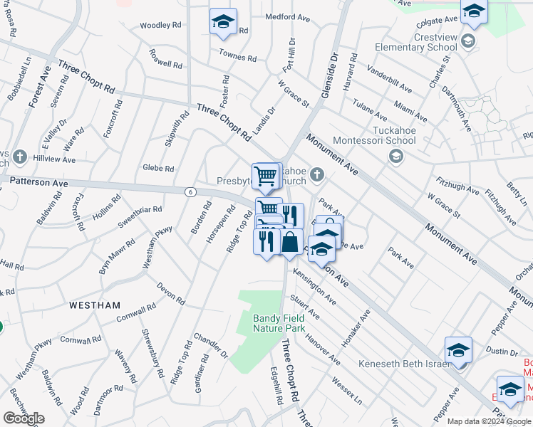 map of restaurants, bars, coffee shops, grocery stores, and more near Patterson Avenue in Henrico