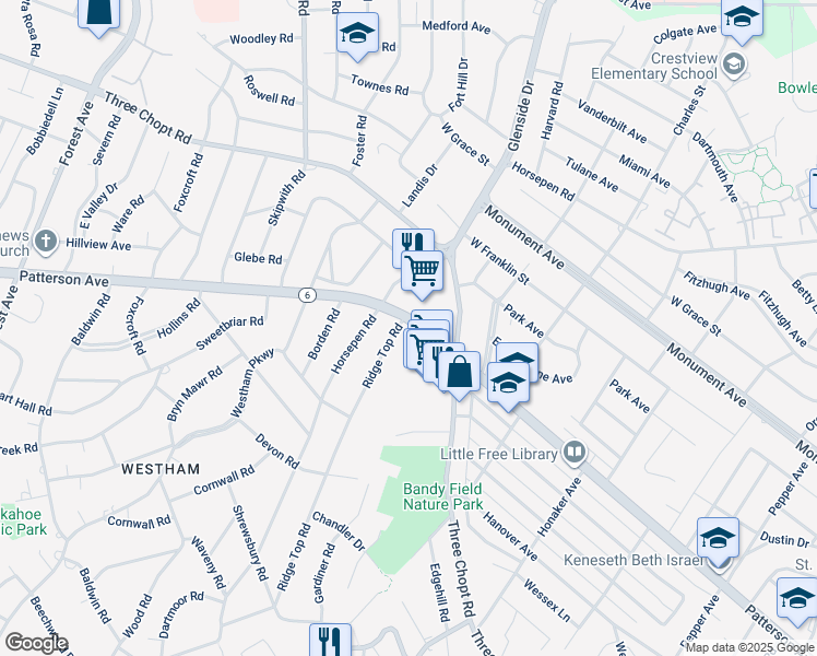 map of restaurants, bars, coffee shops, grocery stores, and more near 1033 Ridge Top Road in Richmond