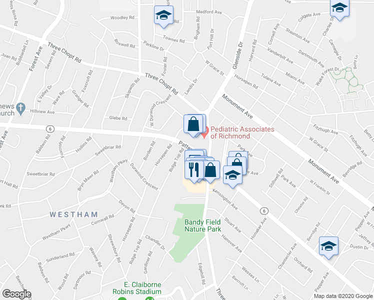 map of restaurants, bars, coffee shops, grocery stores, and more near 1033 Ridge Top Road in Richmond