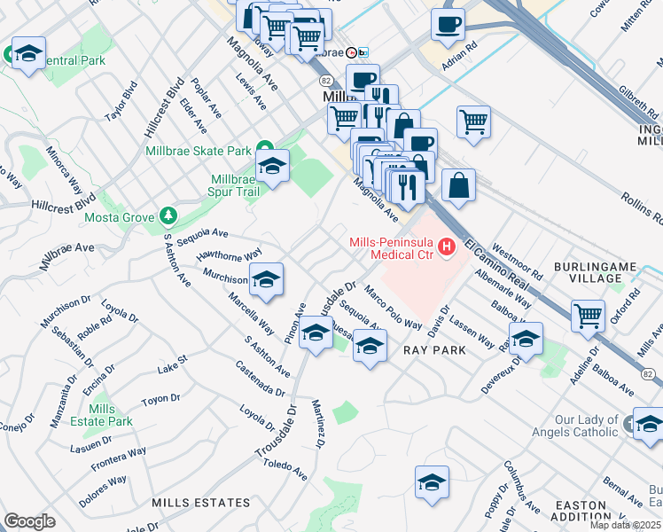 map of restaurants, bars, coffee shops, grocery stores, and more near 1933 Garden Drive in Burlingame
