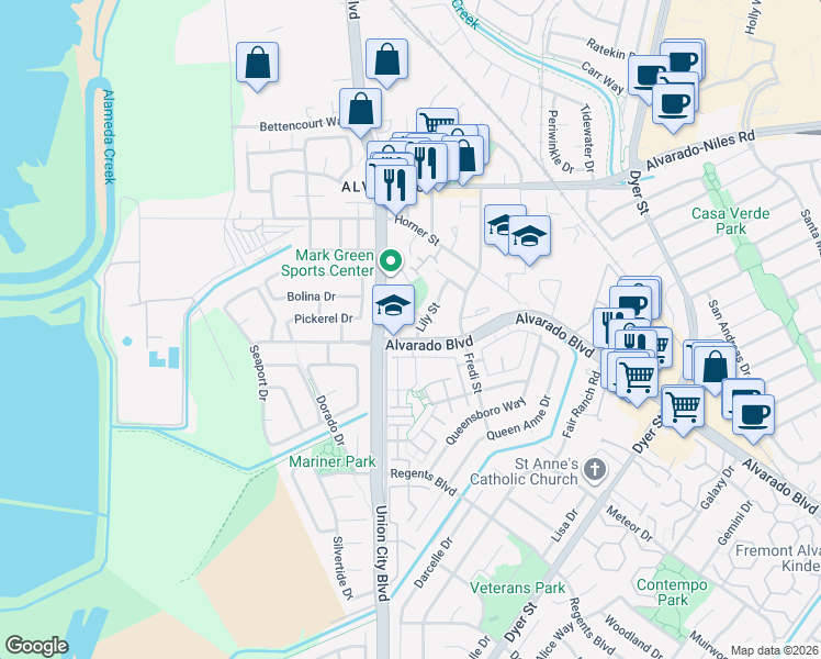 map of restaurants, bars, coffee shops, grocery stores, and more near 31265 Lily Street in Union City