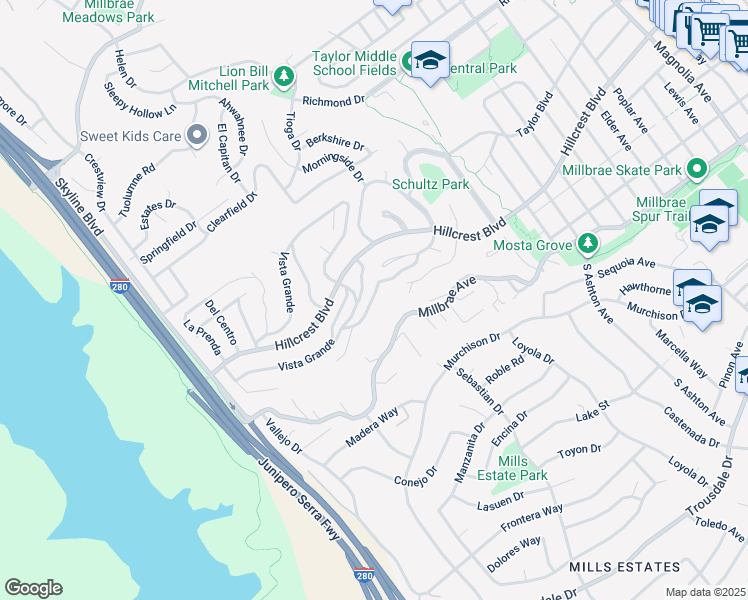 map of restaurants, bars, coffee shops, grocery stores, and more near 43 Aura Vista in Millbrae