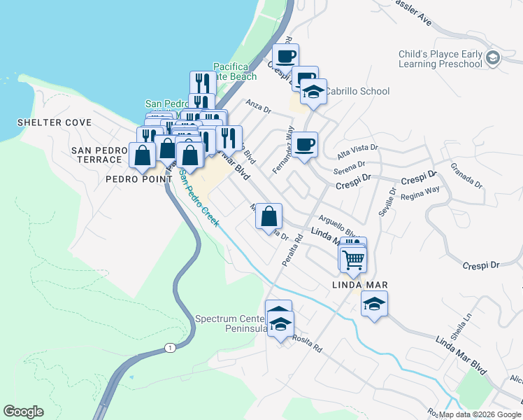 map of restaurants, bars, coffee shops, grocery stores, and more near 707 Montezuma Drive in Pacifica