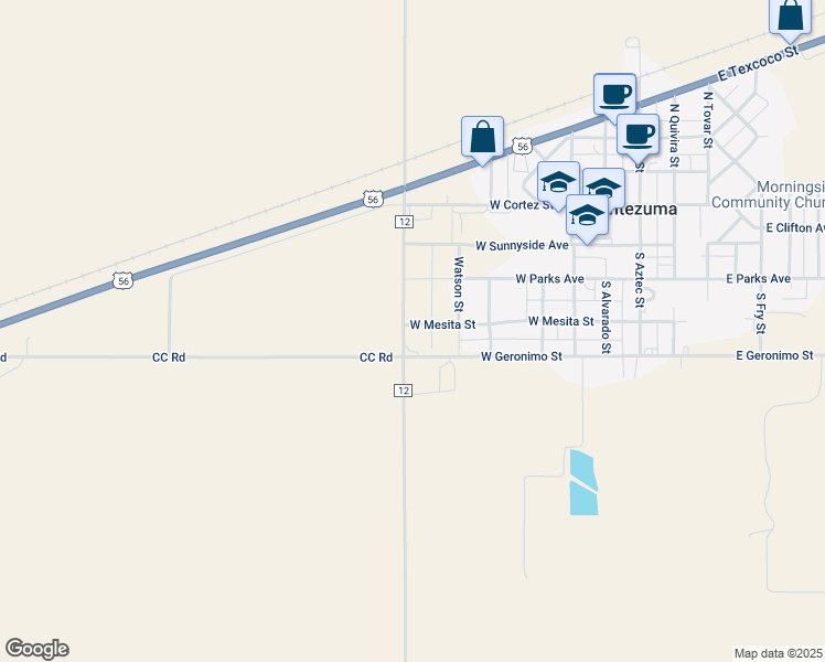 map of restaurants, bars, coffee shops, grocery stores, and more near 28971-28999 Co Road 12 in Montezuma