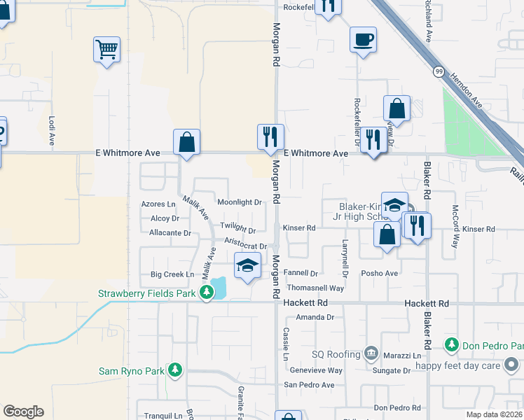 map of restaurants, bars, coffee shops, grocery stores, and more near 2868 Glider Court in Ceres