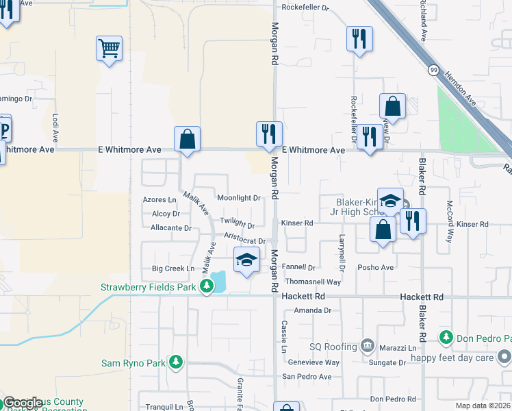 map of restaurants, bars, coffee shops, grocery stores, and more near 2868 Glider Court in Ceres
