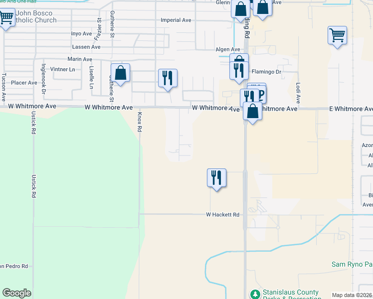 map of restaurants, bars, coffee shops, grocery stores, and more near 2820 Carol Lane in Modesto