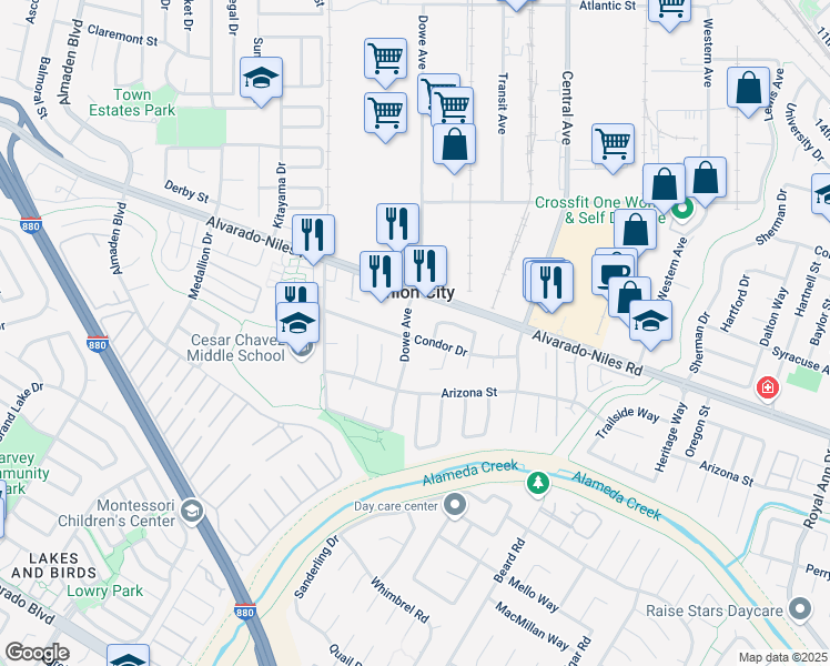 map of restaurants, bars, coffee shops, grocery stores, and more near 2709 Dowe Avenue in Union City