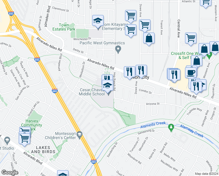 map of restaurants, bars, coffee shops, grocery stores, and more near 33001 Hop Ranch Court in Union City