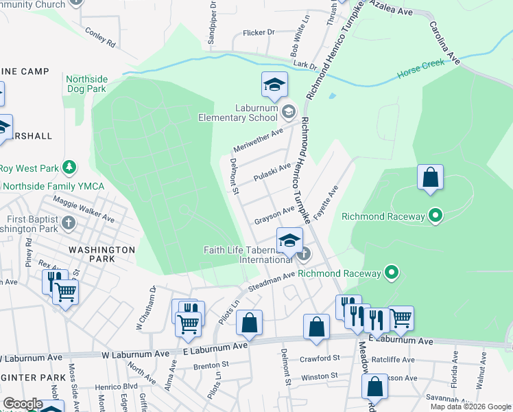 map of restaurants, bars, coffee shops, grocery stores, and more near 410 Grayson Avenue in Richmond