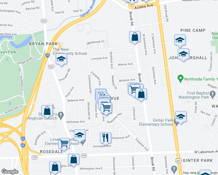 map of restaurants, bars, coffee shops, grocery stores, and more near 1408 Stanhope Avenue in Richmond