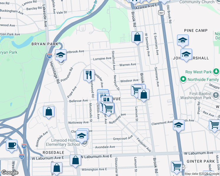 map of restaurants, bars, coffee shops, grocery stores, and more near in Richmond