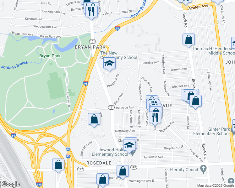 map of restaurants, bars, coffee shops, grocery stores, and more near 1627 Pope Avenue in Richmond