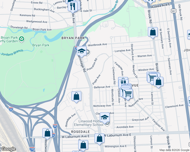 map of restaurants, bars, coffee shops, grocery stores, and more near 1627 Pope Avenue in Richmond