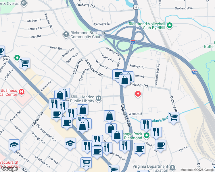 map of restaurants, bars, coffee shops, grocery stores, and more near in Richmond