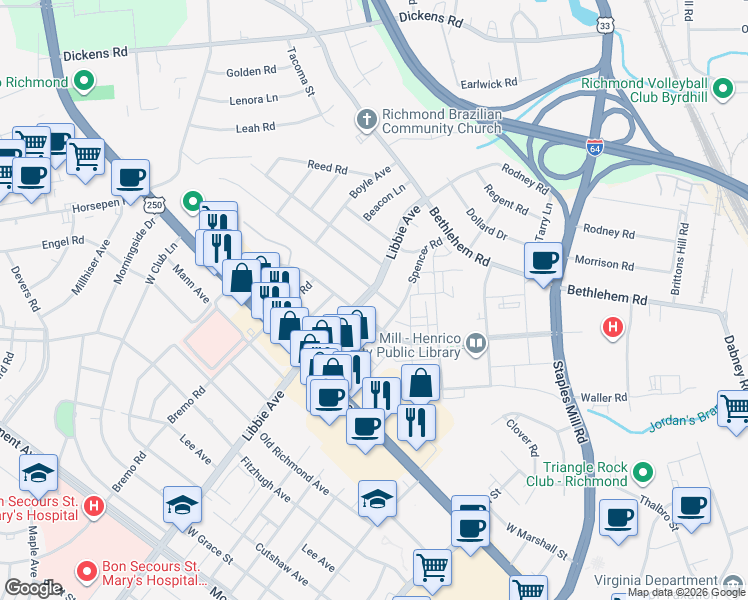map of restaurants, bars, coffee shops, grocery stores, and more near 5501 Indigo Road in Richmond